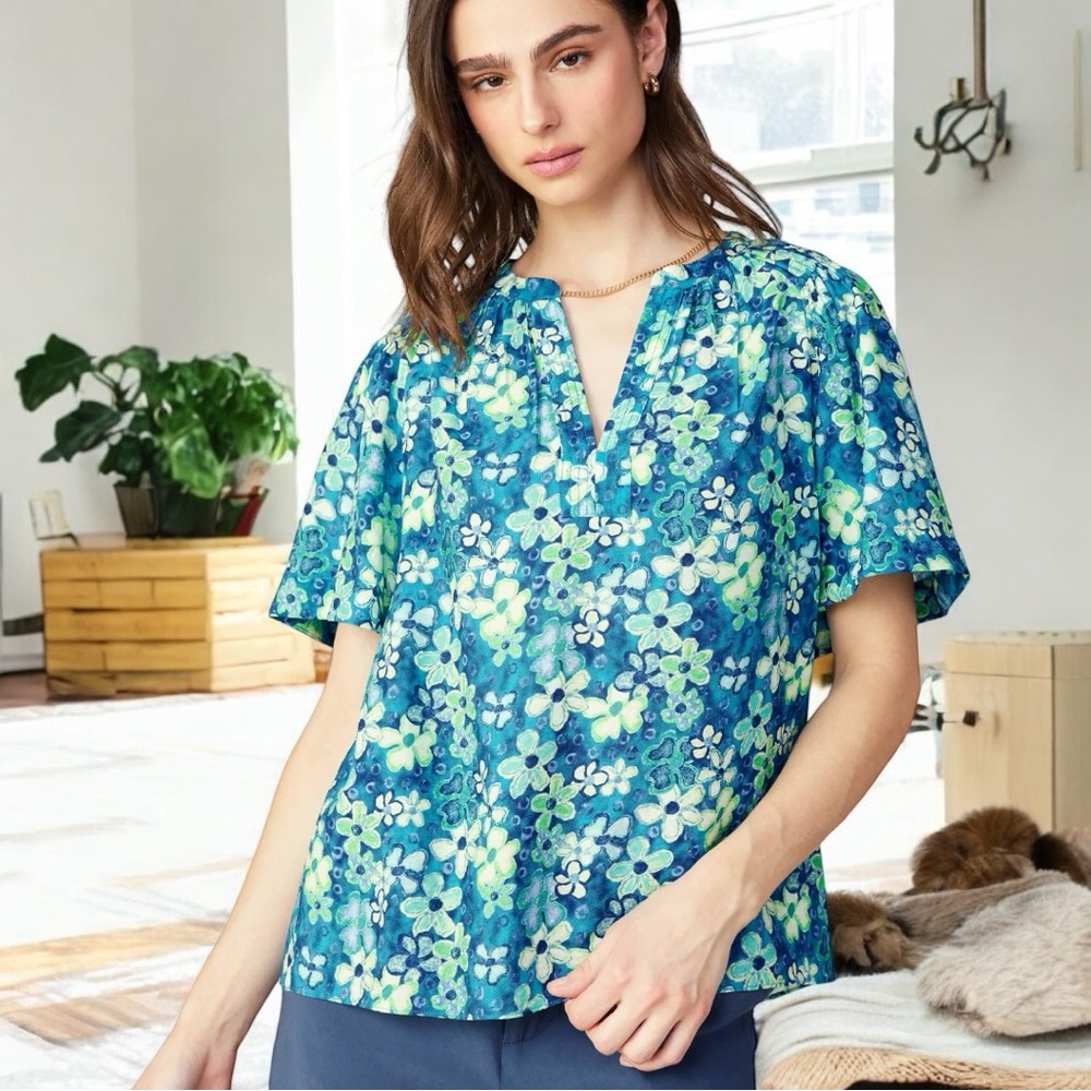Anthropologie Current Air Watercolor Floral Blue Relaxed Top in Medium